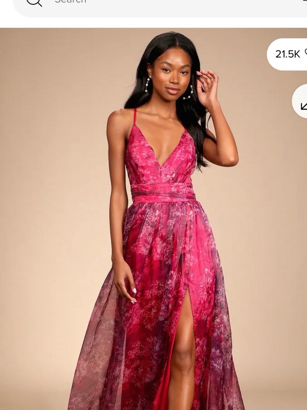 Lulu's Fuchsia Floral V-Neck Spaghetti Strap Prom Gown